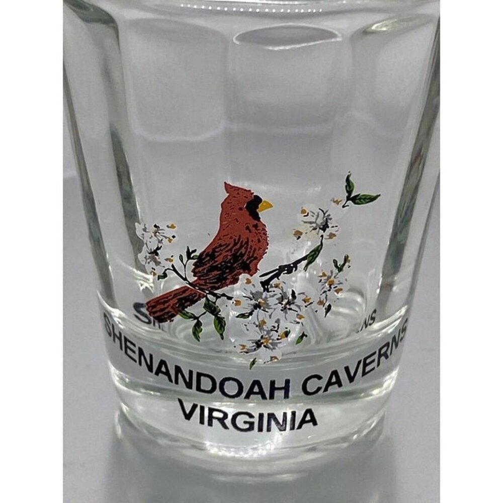 Shenandoah Caverns Virginia Shot Glass Cardinal & Flowering Dogwood Souvenir